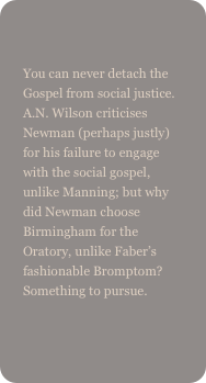 
You can never detach the Gospel from social justice. A.N. Wilson criticises Newman (perhaps justly) for his failure to engage with the social gospel, unlike Manning; but why did Newman choose Birmingham for the Oratory, unlike Faber’s fashionable Bromptom? Something to pursue.