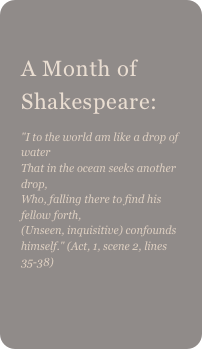 
A Month of Shakespeare: 
"I to the world am like a drop of water That in the ocean seeks another drop, Who, falling there to find his fellow forth, (Unseen, inquisitive) confounds himself." (Act, 1, scene 2, lines 35-38)